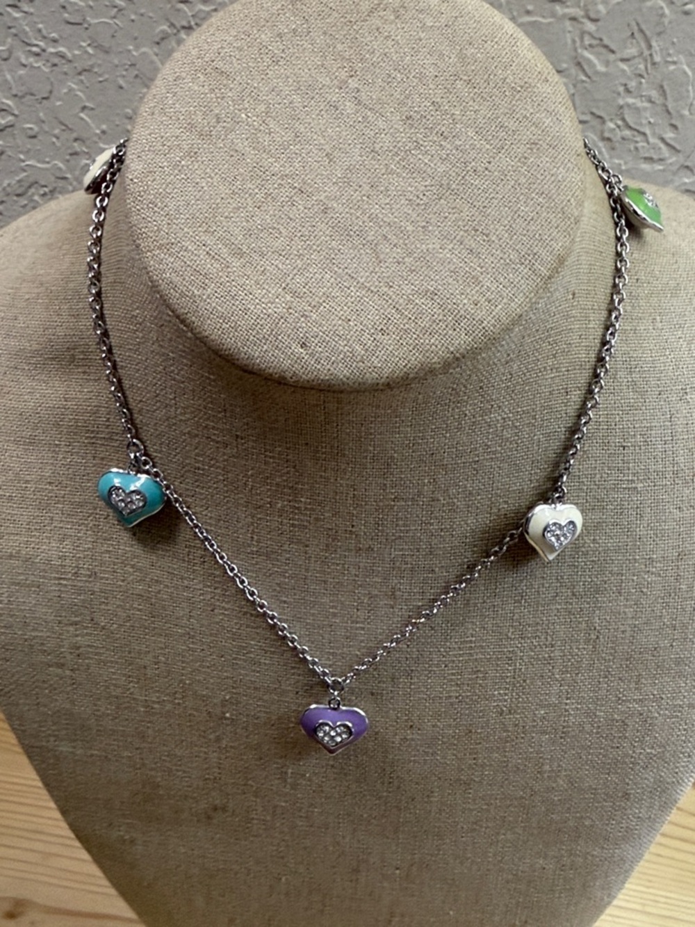 Silver-Tone Multi-Heart Necklace with Purple, Teal, White, and Green Enamel